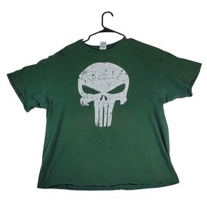 Mens Dark Green Punisher Skull Distressed T Shirt Size 2XL